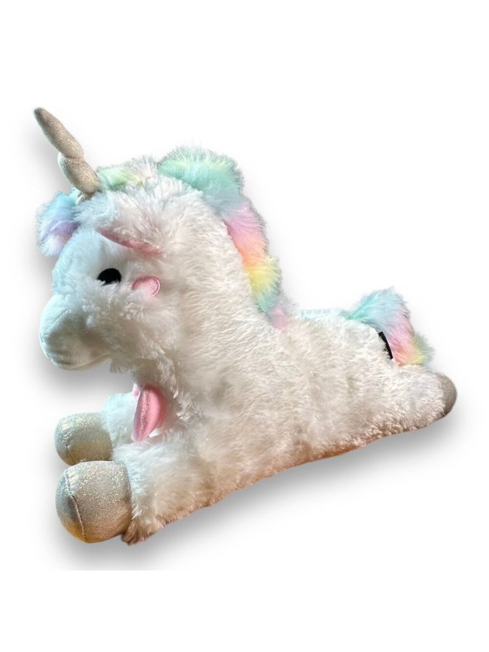 Light-Up Plush Unicorn Toy With Rainbow Mane Pink Bow & Glitter Hooves 15" Soft